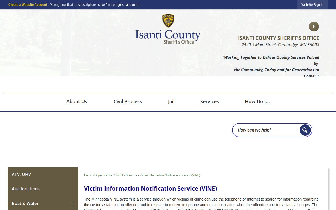 Isanti County VINE inmate check and release notification information