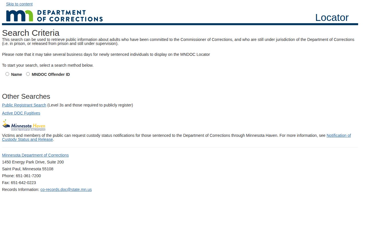 Minnesota DOC Isanti County release date lookup search form